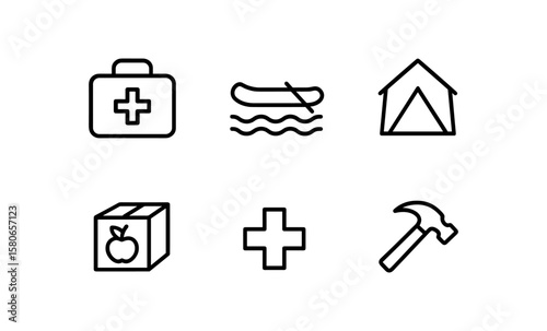 Essential emergency items icons: relief supplies, rescue, and shelter symbols