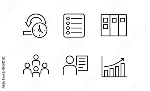 Agile scrum icons: sprint clock, backlog list, scrum board, daily standup, user story, velocity chart