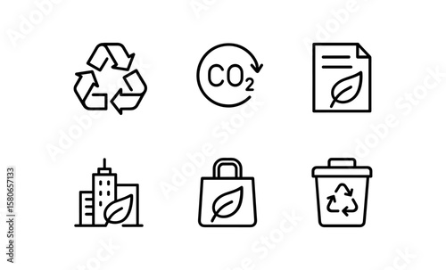 Eco-friendly icons set highlighting recycling, sustainability, and green policies in linear style