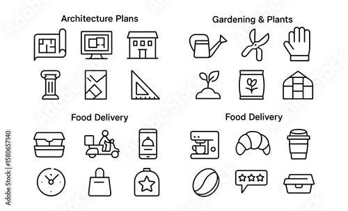 Line icons for architecture gardening and food delivery services