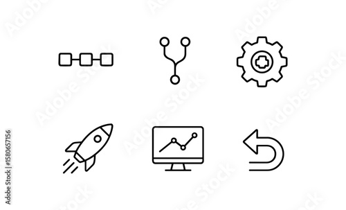 Ci cd linear icons: pipeline, code merge, deployment, monitoring, rollback, gear