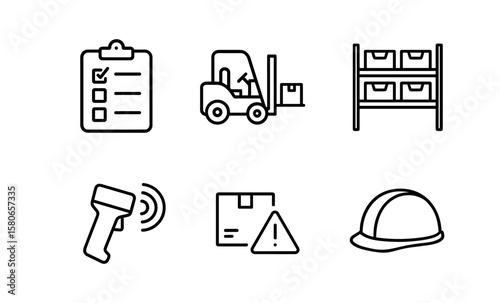 Warehouse management icons: inventory, safety, and logistics essentials in linear style