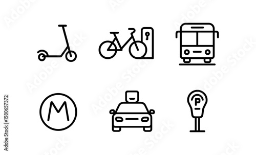 Urban mobility icons in simple linear design for modern transportation solutions