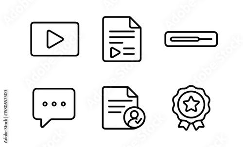 E-learning icons: video lessons, course playlists, progress bars, and more