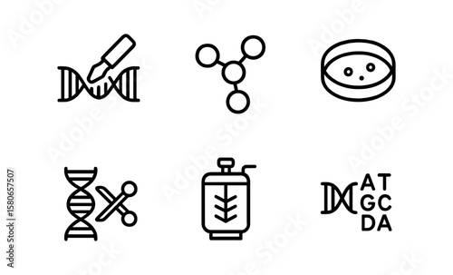 Black linear icons of biotech: gene editing, protein, and bioreactor