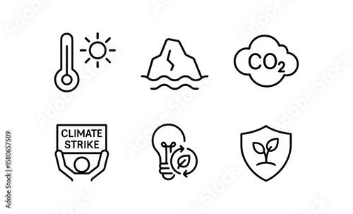 Climate change icons set: temperature rise, melting ice, co2 cloud and more