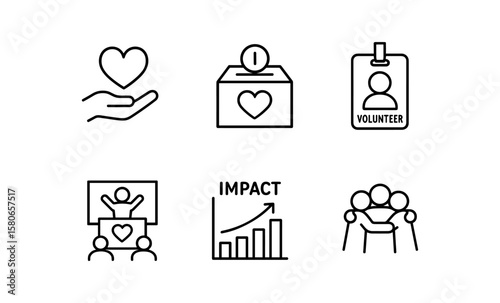 Charity icon set: donation, volunteer, non-profit, support, impact