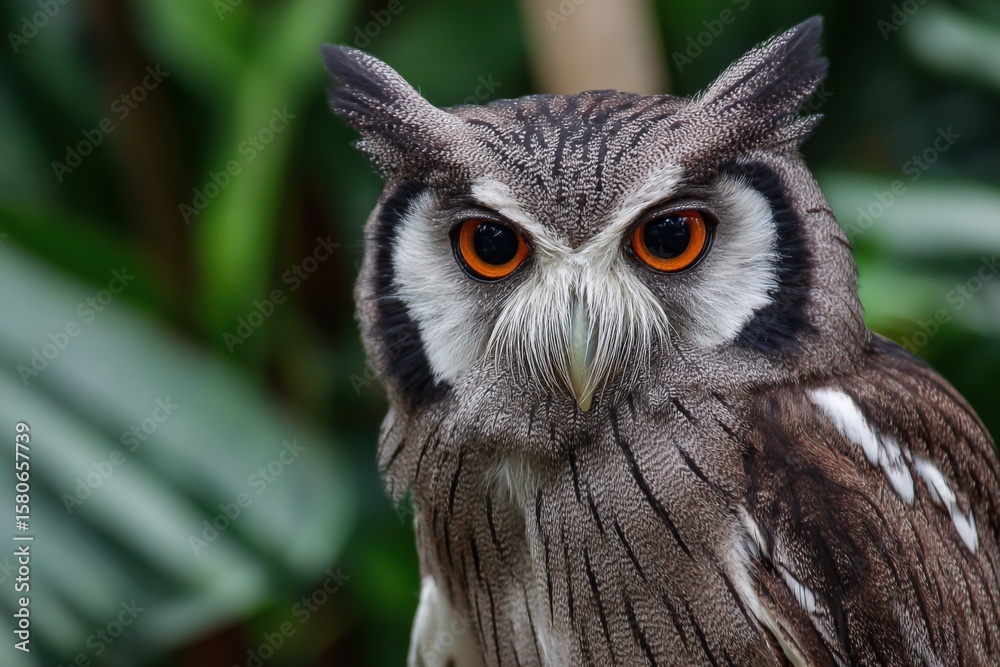 Obraz premium Close-up of a detailed and vibrant owl with piercing orange eyes and intricate feather patterns, set against lush green foliage background