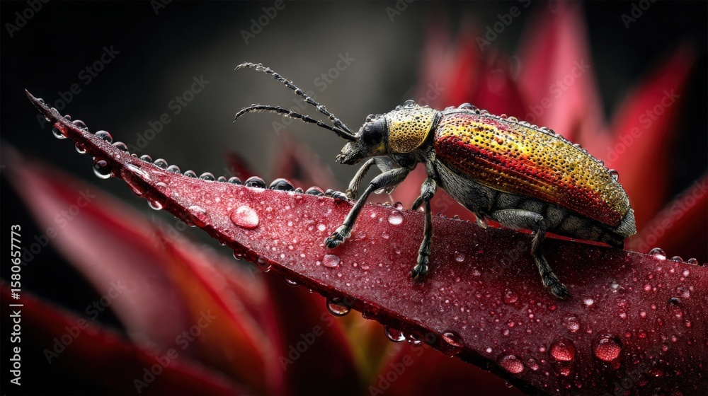 Fototapeta premium Close-up of a colorful beetle with metallic gold and red hues on a dewy red plant stem with water droplets and blurred background