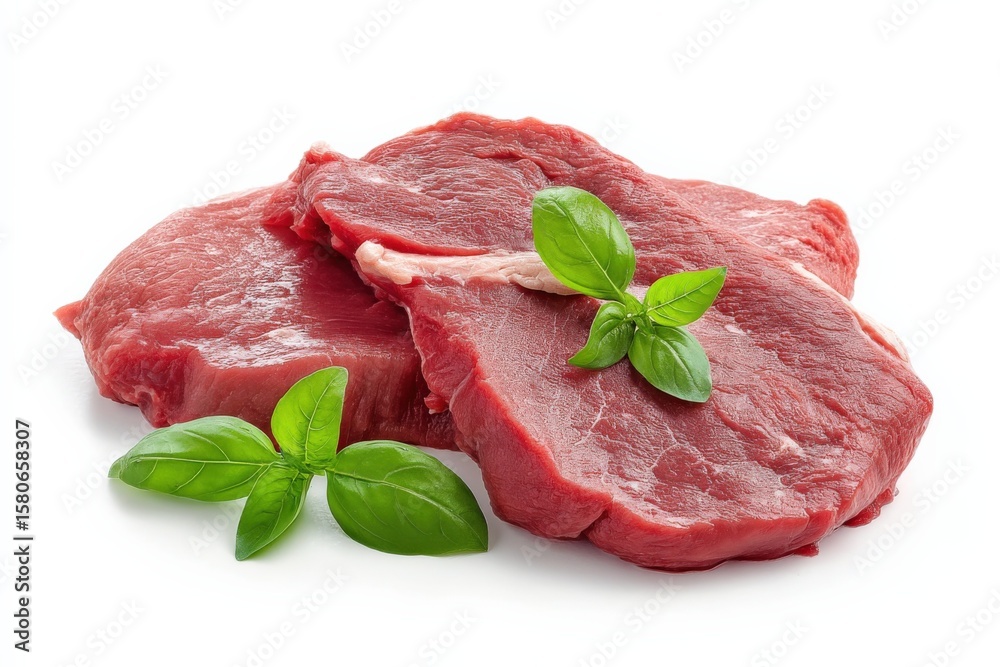 Fresh Raw Red Meat Steak with Green Basil Leaves on White Background for Healthy Cooking and Gourmet Food Preparation Fresh Raw Red Meat Steak with Green Basil Leaves on White Background for Healthy Cooking and Gourmet Food Preparation