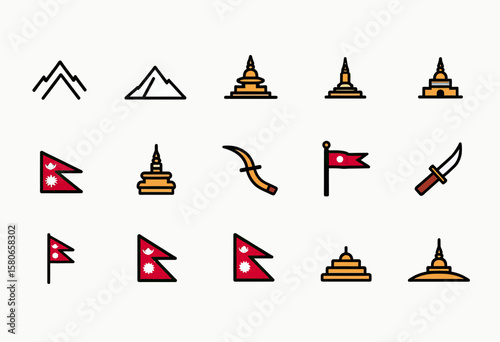Compact and colorful flat icons representing Nepal's essential cultural symbols, featuring its unique flag, traditional stupas, and key national elements for digital applications and travel content.
