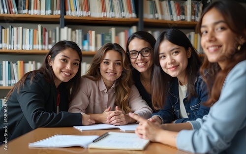 Group portrait of modern English language teacher and multi-ethnic immigrant students having class in library looking at camera. High quality