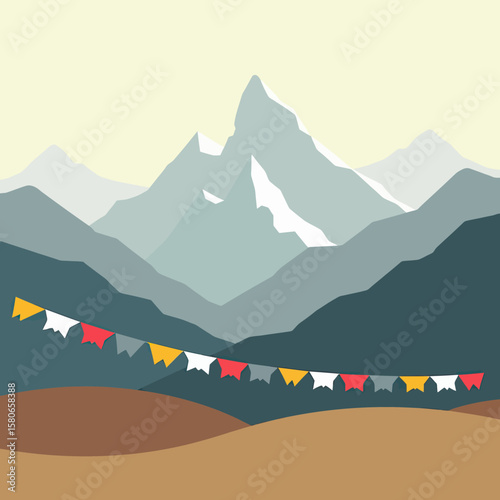 Serene mountain landscape illustration adorned with vibrant Buddhist prayer flags, symbolizing spiritual tranquility and cultural heritage of the Himalayan region for travel and peace.
