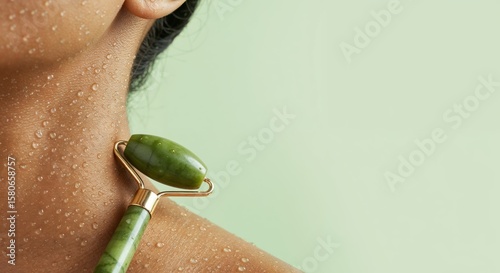 Close-up of a person using a jade roller for skincare.