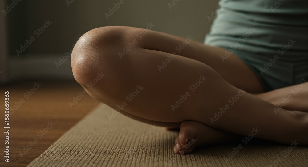 Obraz premium Meditative pose showcasing a person's leg and foot on a mat.