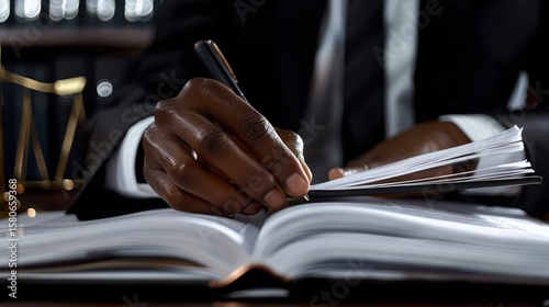 Focused African American Lawyer meticulously drafting a legal document with precision, reflecting professionalism and expertise in a dimly lit office.