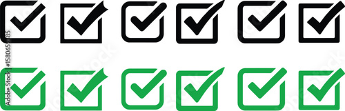 Green and black check mark Vector illustration. Tick or check mark symbol collection on white background.