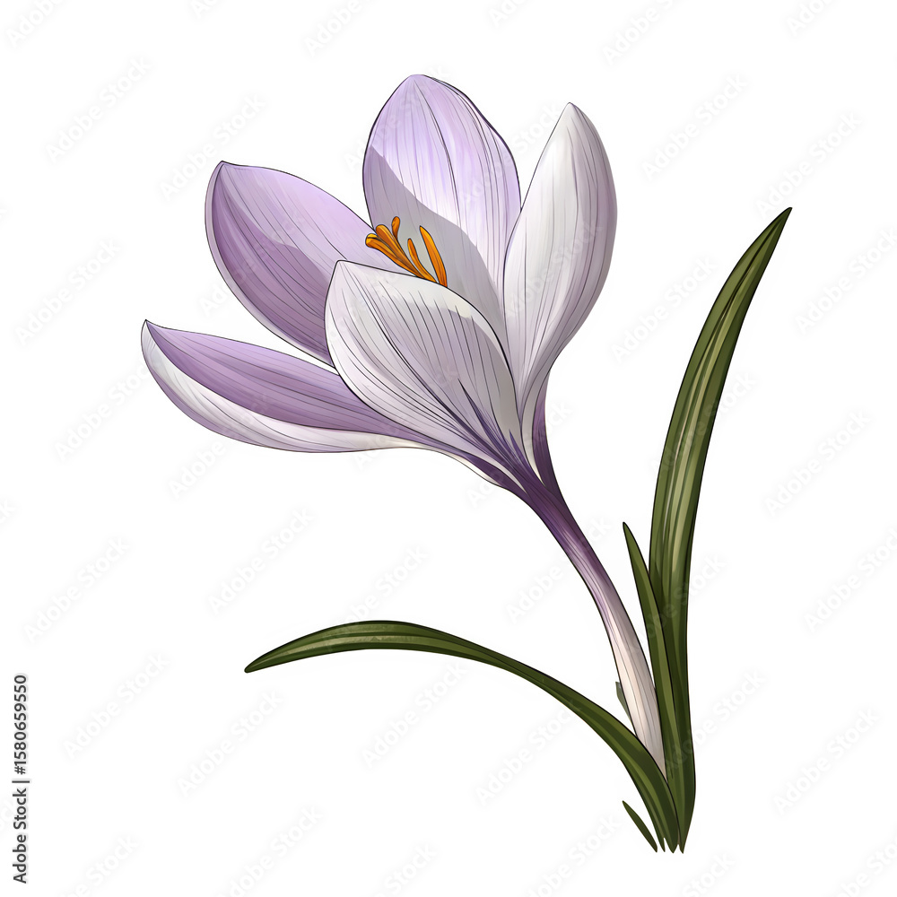 Fototapeta premium Delicate purple crocus flower with green leaves isolated on transparent background