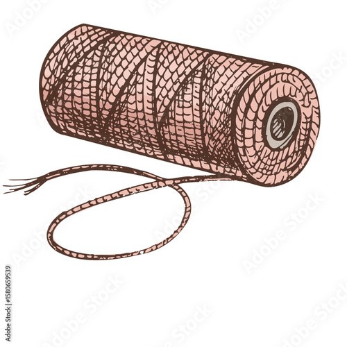 Hand-drawn colored sketch of skein of thread. Handmade, sewing equipment⁠
