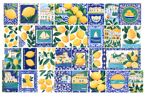 Italian, amalfi, taormina, sicily style vacation hand drawn vector set, poster style, vector elements design, doodle small town panorama, coastal, lemons, boat, tile.