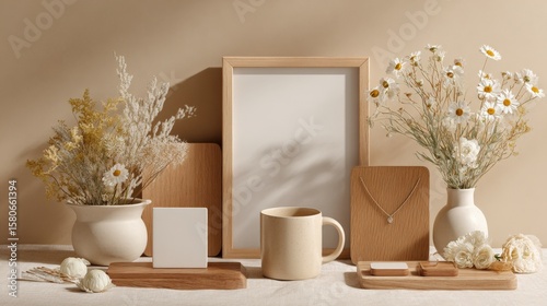Elegant minimalist desk decor with white mugs flower vases wooden frames candles and jewelry on neutral background