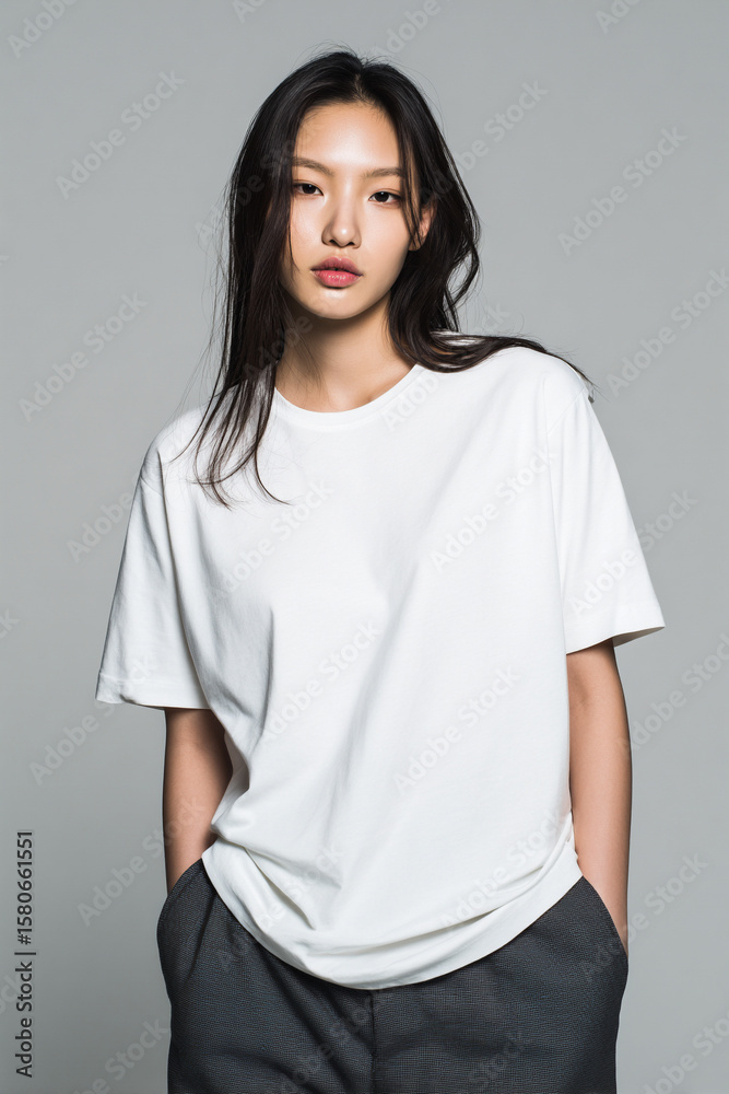 A beautiful female model wearing a white t-shirt. A product shot for fashion and apparel. best use for mockup. A beautiful female model wearing a white t-shirt. A product shot for fashion and apparel. best use for mockup.