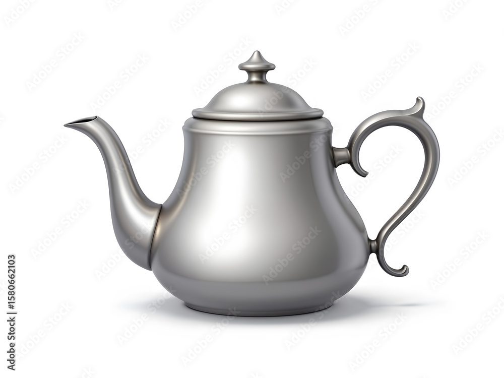 Fototapeta premium Realistic stainless steel teapot with a traditional design on white background. Generative AI