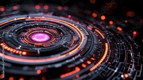 Wallpaper Mural Futuristic Circular Technology Structure with Magenta and Orange Lights on Dark Background Torontodigital.ca