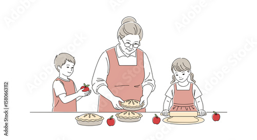 Grandma baking pies with children in kitchen wearing aprons  