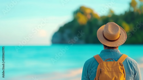 Backpacker enjoying scenic beach view in tranquil coastal landscape