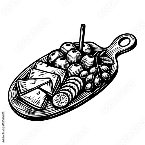Antipasto platter with selection of olives, salami and cheese arranged on wooden serving board. Antipasto platter includes selection of appetizers perfect for wine pairing and gourmet tasting.