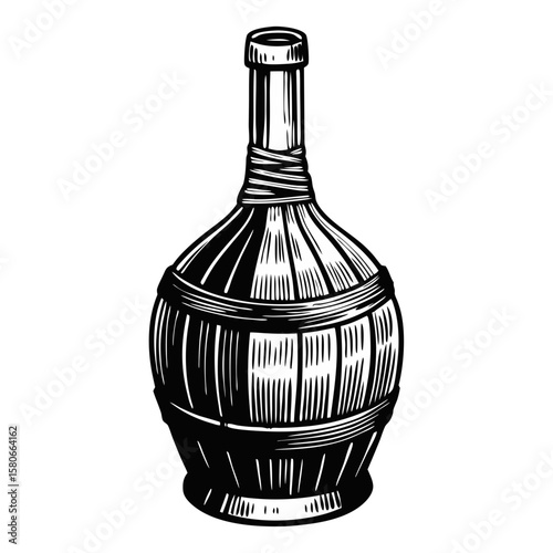 Rustic bottle of chianti with straw covering stands ready to serve, echoing tradition. This bottle of chianti with straw covering evokes warm Italian evenings and the taste of fine wine.