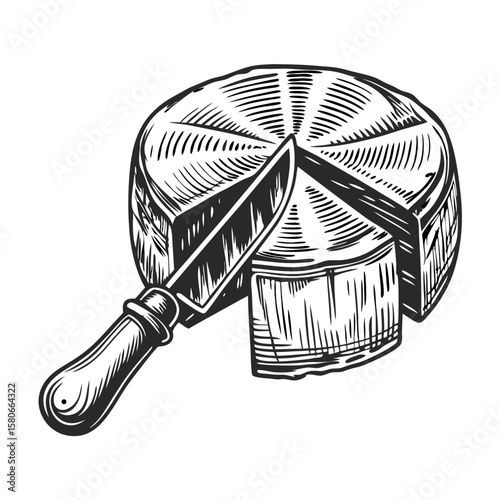 Camembert with a knife illustration, showing piece cut, detailed with hatching and lines. Camembert is ready to be tasted for gourmet enjoyment. Concept camembert with a knife,