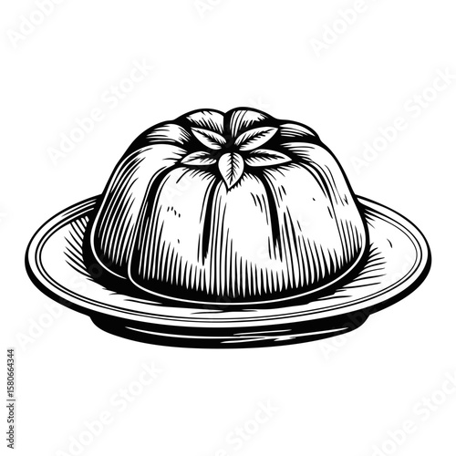 Burrata-on-a-plate in beautiful engraving style with mint leaves on top. Burrata-on-a-plate includes dairy product, traditional mediterranean ingredient, and a sprig of fresh mint.