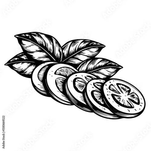 Caprese salad ingredient of sliced mozzarella, fresh tomatoes, and basil in black and white style. Detailed caprese salad dish for healthy appetizer includes creamy mozzarella, ripe tomatoes,