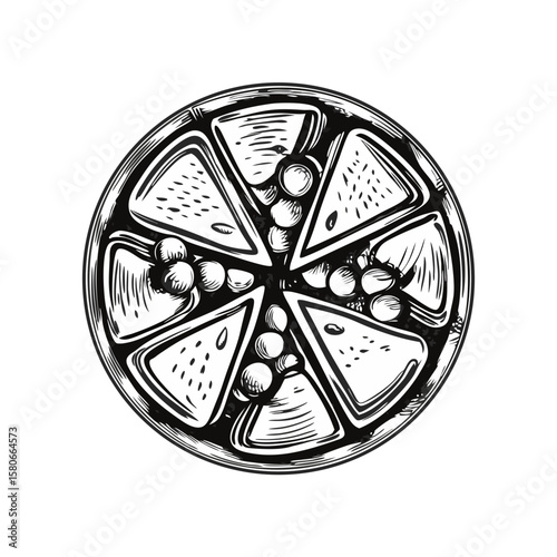 Cheese platter with grapes, an enticing appetizer, perfect for elegant gatherings. A hand-drawn cheese platter with grapes offers diverse flavors, textures, and visual appeal.