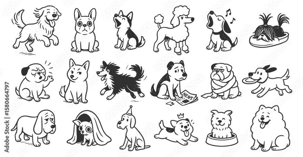 Naklejka premium Dog breeds doodle icon set. Cute hand drawn sketch illustrations of playful, fluffy, sad, smiling, barking, friend, howling and happy dogs. Vintage marker drawing collection.