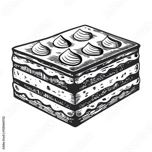Delectable classic tiramisu slice on white background. Classic tiramisu slice displays layers of coffee soaked ladyfingers, mascarpone cheese, and cocoa powder, garnished with cream.