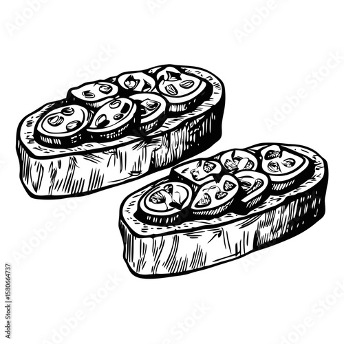 Crostini with toppings, artisanal bread snacks with thinly sliced vegetables as tasty appetizers. Crostini with toppings features flavorful, crunchy bread for gourmet experience.