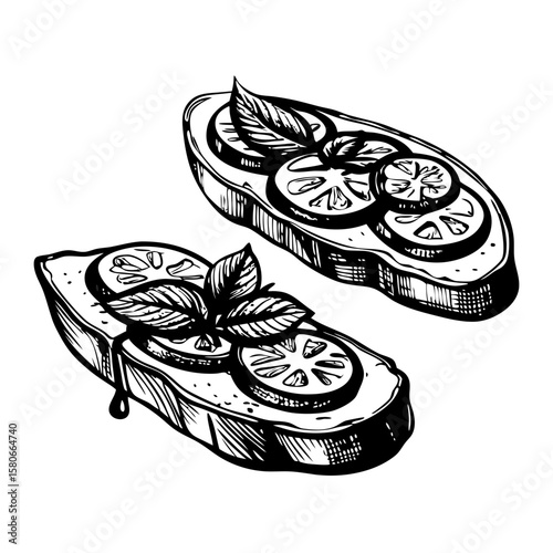 Crostini with toppings hand-drawn illustration shows bread slices with tomatoes and basil leaves. Crostini with toppings are classic appetizers or snacks with vibrant ingredients and fresh flavors.