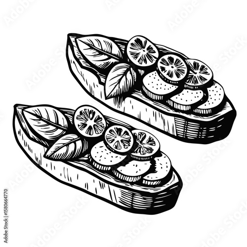 Two delicious crostini with toppings presented in monochrome illustration style. These appetizing crostini with toppings include basil leaves and sliced vegetables for added flavor.