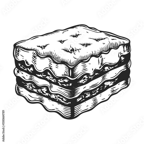 Delicious eggplant parmigiana slice isolated on white, featuring layers of cheese and eggplant. Eggplant parmigiana slice illustration showcases traditional italian cuisine.
