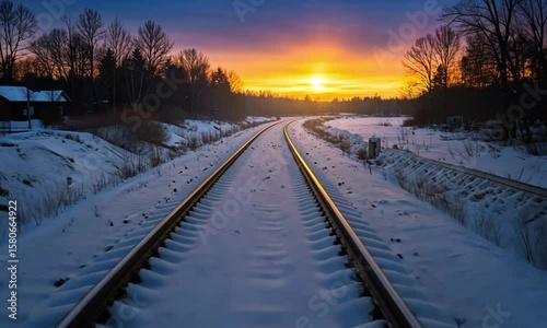 Snowy Railway Tracks at Sunset