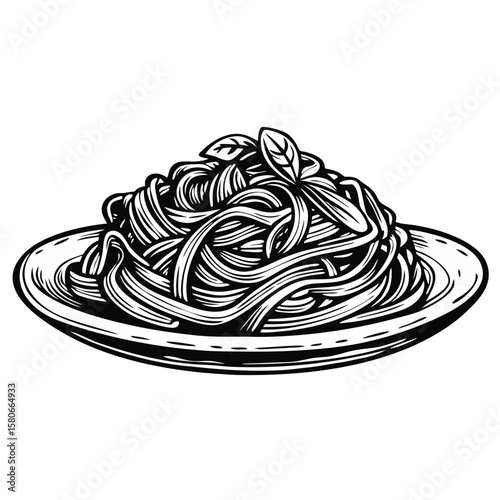 Fettuccine Alfredo illustration shows classic pasta dish with basil garnish on plate. Fettuccine Alfredo, with smooth creamy sauce, served simply for culinary appeal.