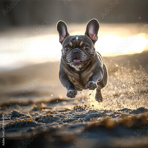 Adorable French Bulldog puppy running quickly on sandy beach du sunset with joyful expression and energetic movement captu playful outdoor scene