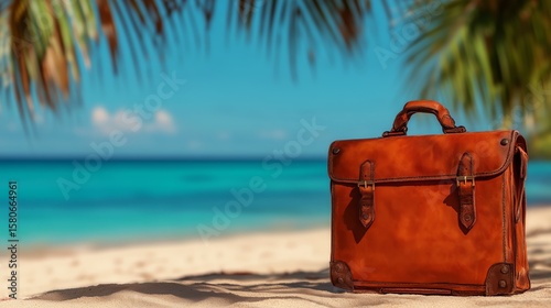 Elegant leather briefcase on tropical beach under palm leaves with ocean view