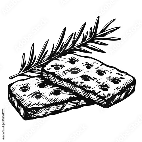 Delicious focaccia bread with rosemary herb, handcrafted and ready to eat, shown in detailed illustration. Focaccia bread features porous texture,