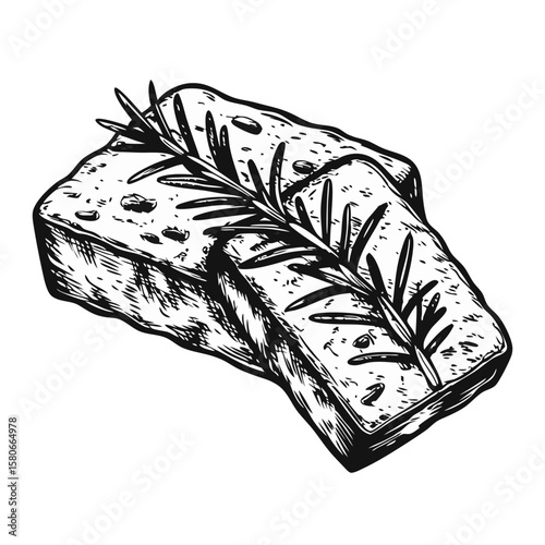 Focaccia bread with rosemary, a flavorful and aromatic Italian bread illustration. Enjoy focaccia-bread-with-rosemary: flatbread enriched with herbs, ideal for appetizers and sandwiches.
