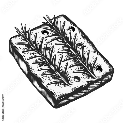 Focaccia bread with rosemary, hand-drawn illustration, on white background. Focaccia bread with rosemary, a rustic and aromatic delight, enhances any culinary creation.