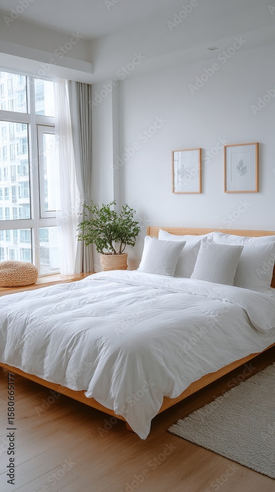 Fototapeta premium Modern bright bedroom with large floor-to-ceiling , white bedding, minimal wall art, indoor plant, and cozy ambiance